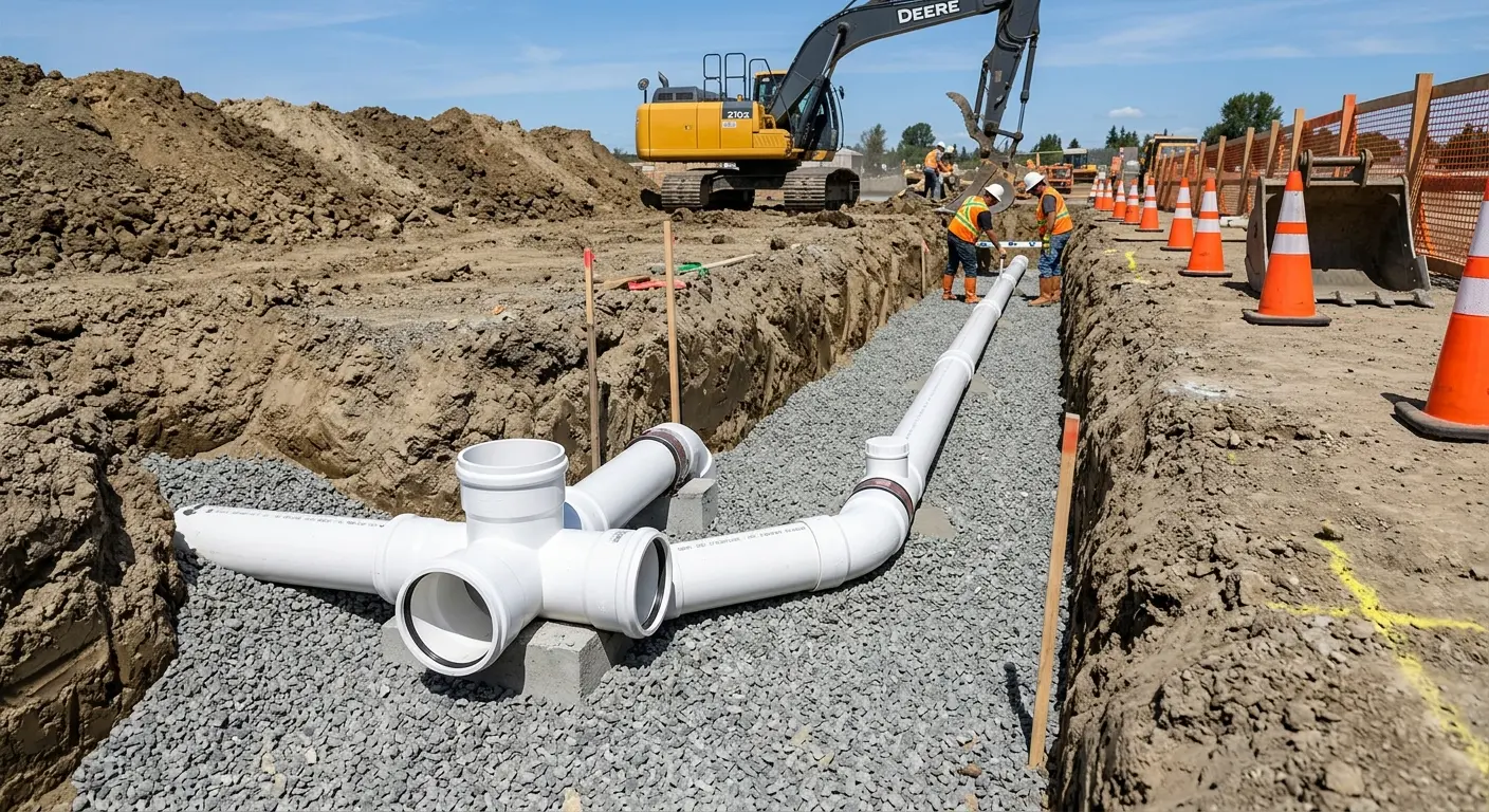 New PVC sewer pipe installation in open trench for Sewer Backup in Elgin